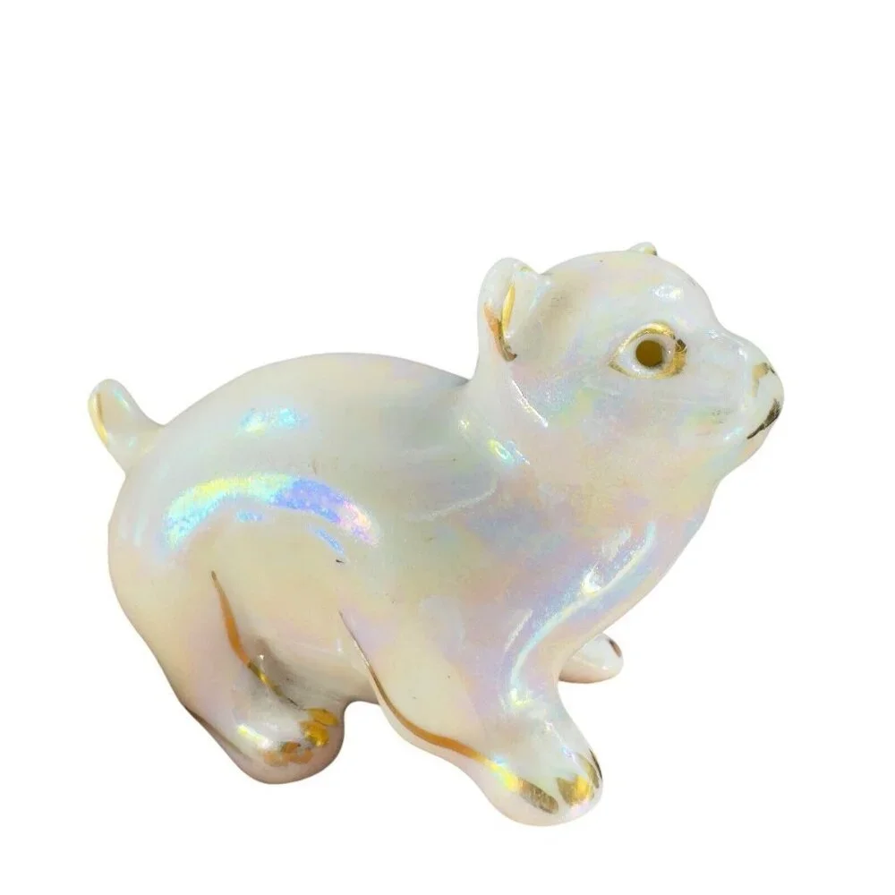 Vintage 1980s Ceramic Porcelain Luster Ware Iridescent Finish Kitty Cat Figurine